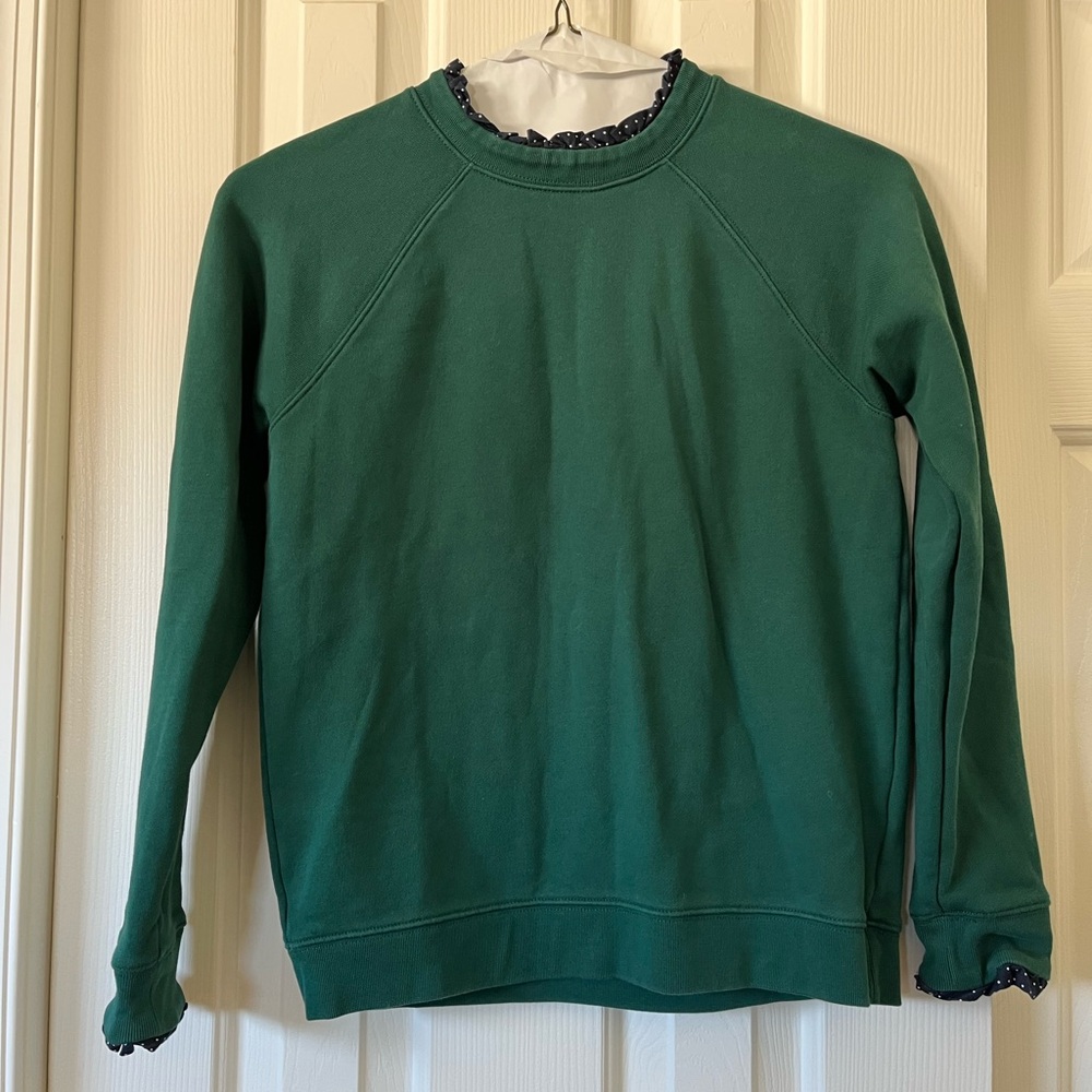 J. Crew Hunter green size S sweatshirt with navy/white polkadot trim - Picture 5 of 9
